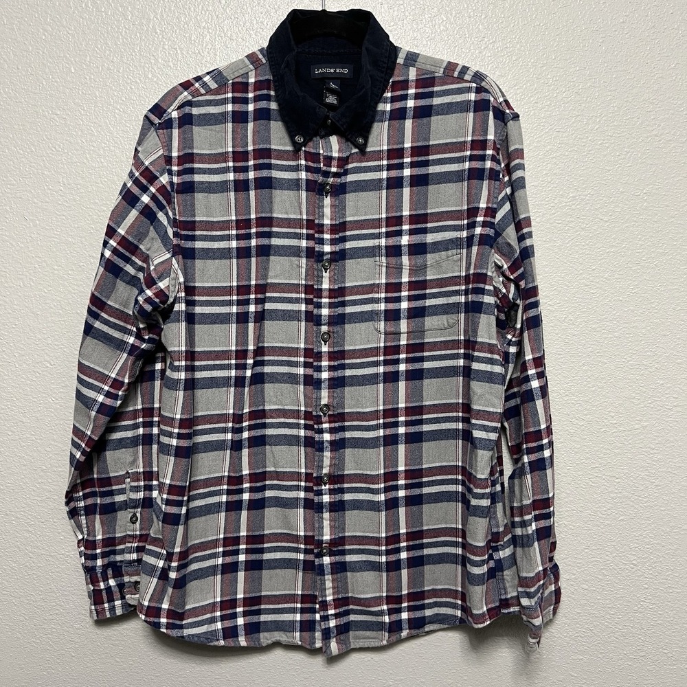 Lands' End Mens Large Cotton Plaid Flannel Shirt Traditional Fit Corduroy Collar
